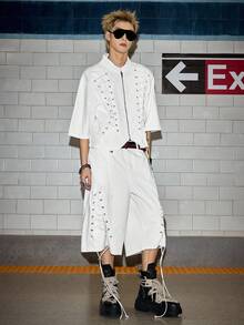 ROMWE MEN Street Life Men's Lace-Up Denim Jacket, Boyband Style - White - View 3