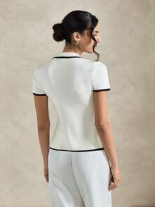 Briarwyn Women's Contrast Trim Half-Zip Casual Short Sleeve Knit Top - White - View 2