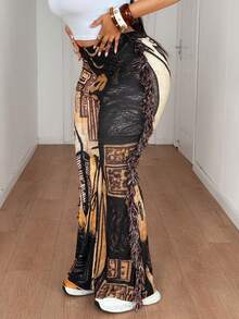 Maweii 大码女式休闲针织高弹罗纹印花面料，松紧腰设计，侧边毛绒带装饰喇叭裤，百搭款式，新款大码女装，适合派对、音乐节等场合，修身长裤 - 彩色 - 查看 6