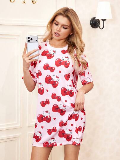 HELLO KITTY AND FRIENDS | SHEIN Women's Cute Cartoon Bow Allover Print Short Sleeve Sleep Dress, Summer