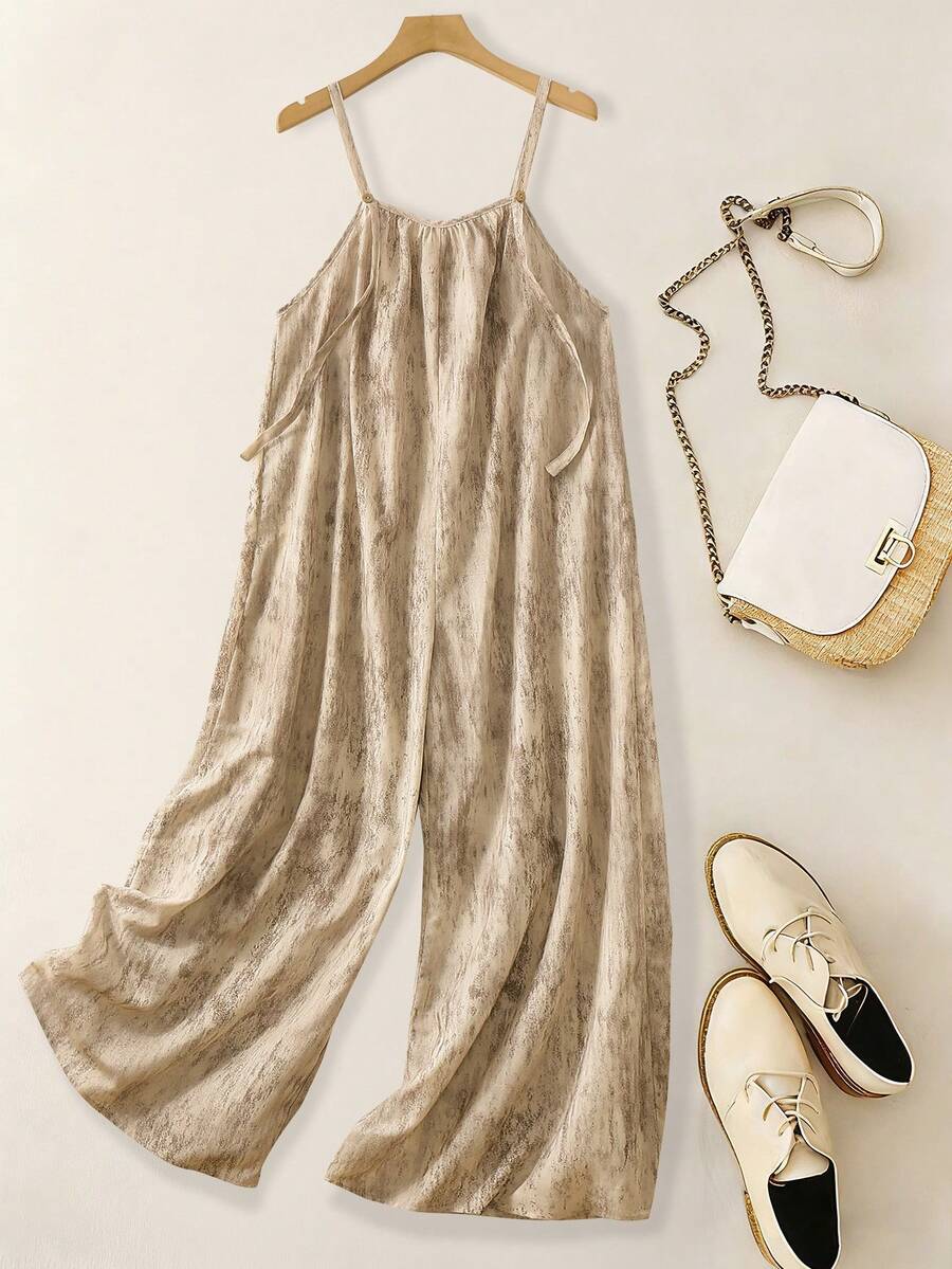 Franclia Women's Casual Linen-Like Tie-Dye Print Spaghetti Strap Loose Jumpsuit - Khaki - View 1