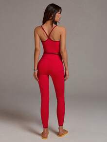 Athîral 女士休闲红色拼接吊带背心和长裤运动套装 - 紅色 - 查看 6