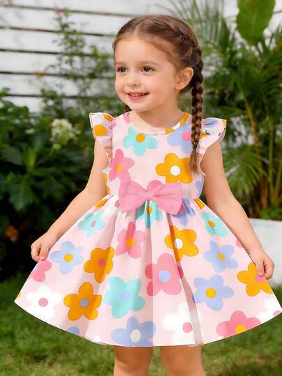 1 pieza Vestido casual de estilo vibrante para niña de 6 meses a 2-3 años, unicolor naranja sobre base blanca con estampado digital, sin mangas, con lazo rosa, de tela ligera, vestido de moda para uso diario/verano