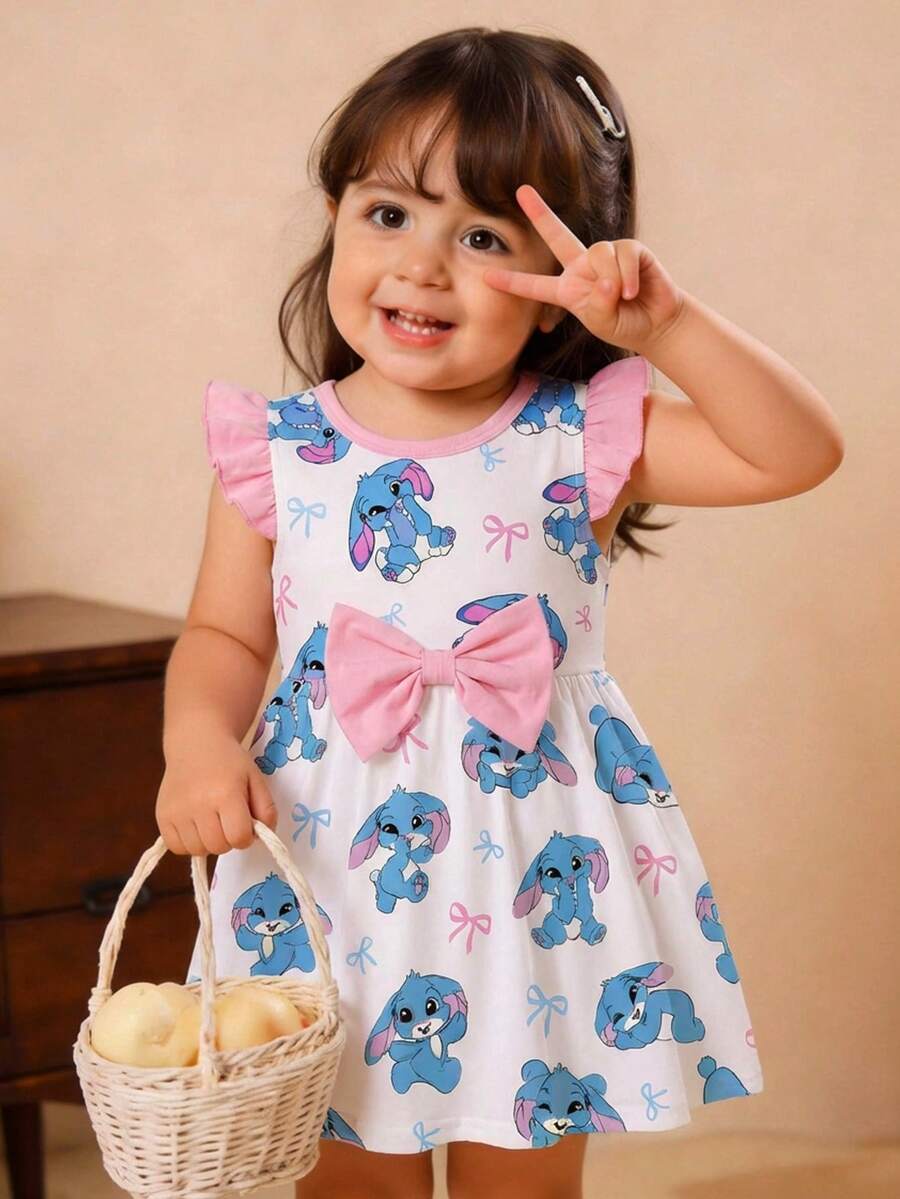 SHEIN Baby Girl Sweet Bow Cartoon Print Fashionable Long Sleeve Dress, Suitable For Autumn/Winter - Multicolor - View 1