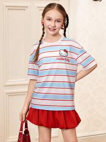 HELLO KITTY AND FRIENDS | SHEIN 少女休闲条纹猫咪印花圆领落肩T恤，夏季 - 彩色 - 查看 7