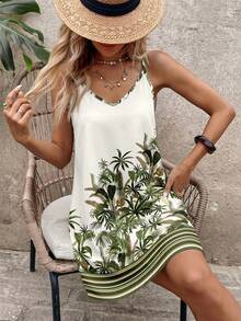 Sylviya Vestido corto casual de mujer con estampado de árbol de coco, adecuado para primavera/verano, vacaciones - Multicolor - Ver 7