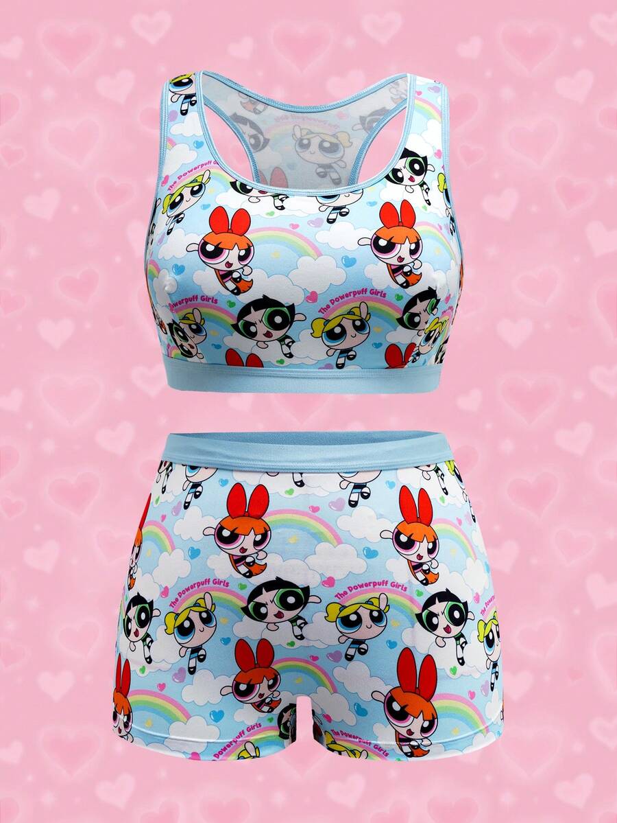 THE POWERPUFF GIRLS X SHEIN 大码可爱卡通图案露背文胸和内裤套装 - 藍色 - 查看 1