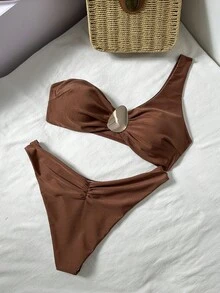 Swim Vcay 2pcs Women's Casual Vacation Elegant Solid Color Halter Bikini Set, Spring/Summer - Brown - View 2