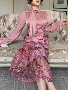 DAZY Đầm dài ngang gối thanh lịch dành cho nữ, phối sequin, cổ bèo nhún, tay phồng, thích hợp cho dự tiệc cưới mùa xuân/hè, đầm maxi hoặc đầm mùa hè. - Hồng - Xem 3