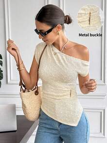 Serisse Women's Solid Color Asymmetric Hem Ruched Shoulder Fitted Fashion Blouse,Metal Buckle Pleated Waist Design,French Elegant Short-Sleeved Top, Elegant Slim-Fit Bubble Embellishment Design, Slimming Asymmetrical Shoulder Blouse, Cap Sleeve Top, Vacation,Holiday, Summer, Spring To Summer - Apricot - View 7