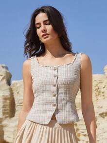 Dazy-Less 女士时尚优雅粗花呢单排扣无袖外套 - 卡其色 - 查看 4