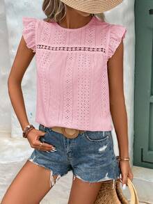 SHEIN Frenchy 镂空刺绣荷叶边圆领蕾丝边T恤 - 淺粉色 - 查看 6