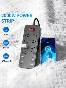 Teckwe 16-In-1 Socket Power Protector, Multi-Socket Wall-Mountable Power Strip (8 AC Outlets + 6 USB Ports + 2 Type-C Ports), With A 6ft/180cm Flat Plug Cord. It Features A US Plug, 110V/220V Dual Voltage Compatibility And Power Supply Mode, Suitable For Travel, Home Offices And College Dorms-US Plug - View 3