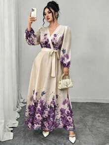 Modelyn Plus Size Women V-Neck Floral Print Twist Waist Elegant Fitted Party Dress - Multicolor - View 5