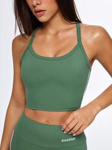 Eassivo Eassivo Women's Moss Green Strappy Crop Top, Cross‑Back Adjustable Straps, Smooth Stretch Fabric, Logo Back Detail, Yoga Top With Bra - Army Green - View 12