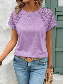 EMERY ROSE Elegant Lace Patchwork Short Sleeve T-Shirt - Purple - View 6