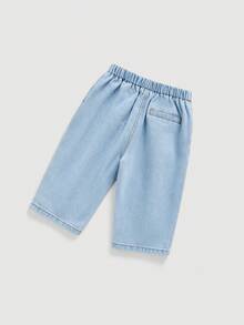 SHEIN LMoss Kids 女婴休闲日常宽松牛仔哈伦裤，带斜插口袋 - 淺色水洗藍 - 查看 2