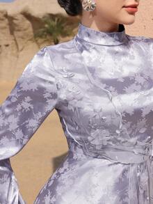 Graceveil 女士优雅提花长袖收腰喇叭阿拉伯风格连衣裙 - 灰色 - 查看 6