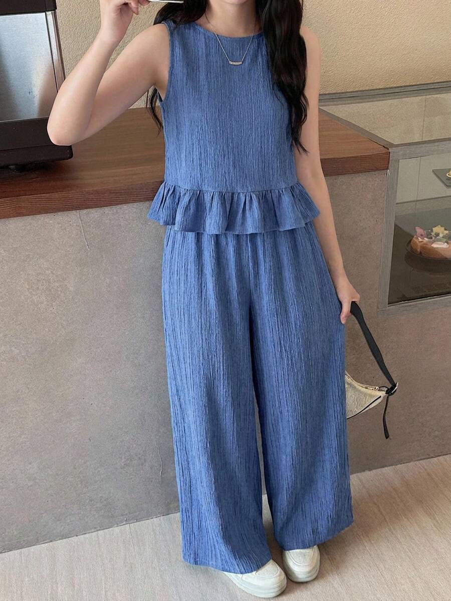 SHEIN 少女休闲纹理编织蓝色无袖上衣和直筒裤套装，适合度假、派对、优雅场合、返校季、春夏户外度假、家庭野餐、日常穿着。 - 藍色 - 查看 1