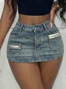 SHEIN SXY Shorts vaqueros lavados informales para mujer, verano - Azul lavado oscuro - Ver 4