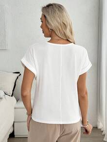 Louniche Bohemian White Knit Blouse Women, Colorful Crochet Hollow Lace Batwing Sleeve, Loose Flattering, Vacation Style Casual T-Shirt - White - View 2