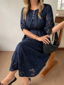 Vivie Lora 女士宽松圆领中长连衣裙，腰部收紧设计 - 藏蓝色 - 查看 1