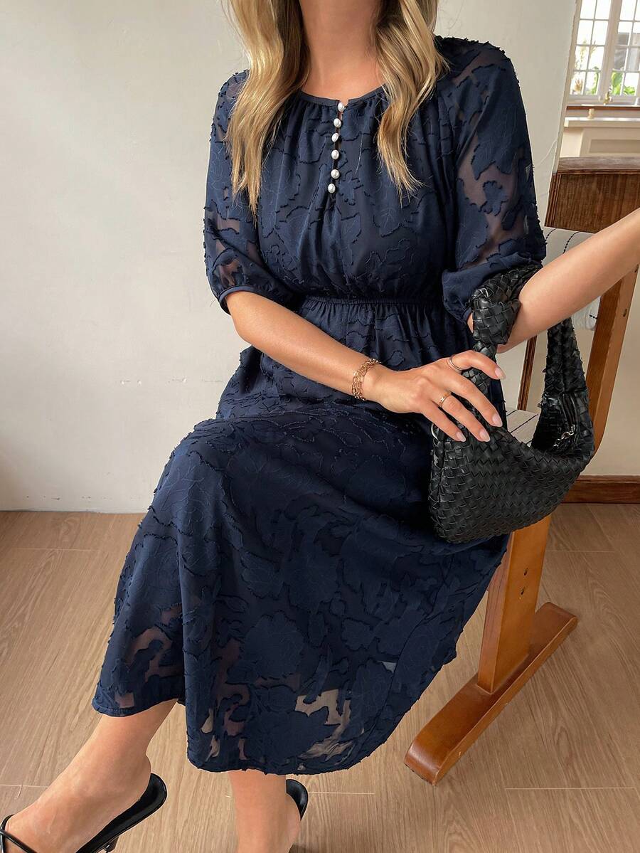 Vivie Lora 女士宽松圆领中长连衣裙，腰部收紧设计 - 藏蓝色 - 查看 1