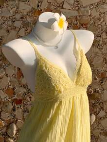 Comfortcana 女士休闲撞色蕾丝编织吊带连衣裙，夏季 - 黃色 - 查看 4