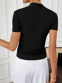 Gownix Women's Elegant Black Summer T-Shirt, Date Night Decorative Button Hollow Out Scallop Trim Ribbed Corset Top, Casual Short Sleeve Body Blouse - Black - View 10