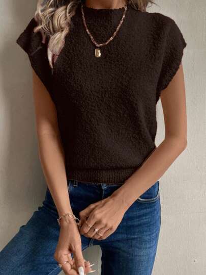 EMERY ROSE Autumn/Winter French Gentle Apricot Color Half-Turtleneck Casual Single-Breasted Fleece Sweater Vest, Suitable For Going Out And Attending Parties