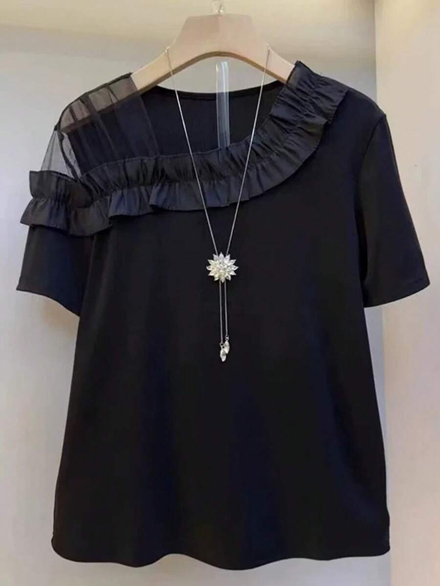 Franclia 女士优雅荷叶边网纱拼接时尚夏季简约别致短袖上衣T恤 - 黑色 - 查看 1