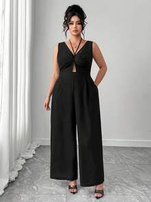 Elenzga Bộ jumpsuit đen không tay cổ chữ V khoét rỗng, cạp cao ống rộng dáng suông, phong cách thường ngày năng động, thanh lịch, phù hợp với xu hướng đô thị. - màu đen - Xem 8
