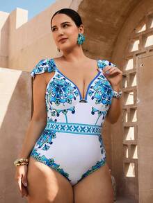 Swim Oasis مجموعة قطعتين للمرأة بمقاسات كبيرة: بدلة سباحة مطبوعة بزهور عصرية للعطلات والاستخدام اليومي مع أربطة سميكة قابلة للتعديل وتنورة مكسرة - الأزرق - مشاهدة 4