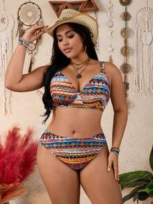 Swim Vcay Plus Size Women 2pcs Random Print Underwire Bikini Set - Multicolor - View 5