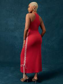 Vixey 条纹蝴蝶结侧边细节工字领罗纹中长连衣裙 - 紅色 - 查看 4