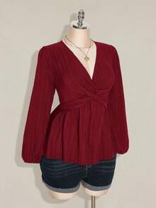 SHEIN ICON 大码女式扭结纹理黑色灯笼袖上衣 - 酒紅色 - 查看 6