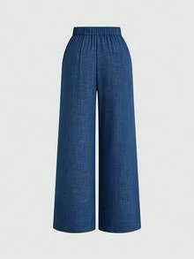 SHEIN Unity Plus Size Women's Elegant Dark Blue,Autumn,Smart Casual,Office Pants,Denim-Effect Linen Fabric,Metal Buckle Decor,High Waisted Pleated Wide Leg Design - Blue - View 9