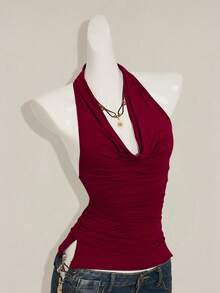 SHEIN ICON 女士棕色复古设计性感露背串珠垂褶领吊带衫 - 酒紅色 - 查看 6