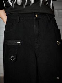 ROMWE MEN Grunge Punk Men's Solid Color Asymmetrical Eyelet Denim Shorts - Black - View 2