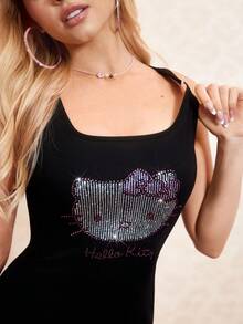 HELLO KITTY AND FRIENDS | SHEIN 女士夏季时尚水钻猫咪印花紧身迷你连衣裙 - 黑色 - 查看 5