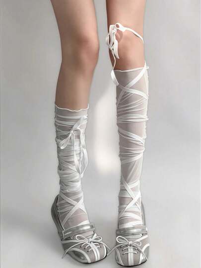 ROMWE Anime Y2K Punk Style Asymmetrical Cross Tied Over-The-Knee Socks, Adjustable Solid Color Women Thigh High Stockings