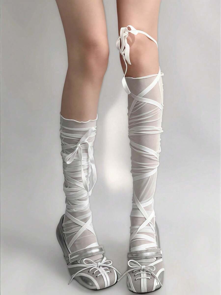 ROMWE Anime Vớ dài quá đầu gối kiểu Punk Y2K bất đối xứng buộc chéo, vớ cao đến đùi màu trơn có thể điều chỉnh cho nữ. - trắng - Xem 1