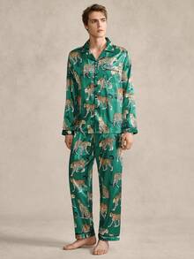 男士豹纹翻领长袖衬衫长裤睡衣套装，春秋季 - 彩色 - 查看 3