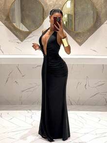 Slaydiva 2025新款优雅深V领美人鱼连衣裙，适合派对、生日、酒吧、夜店、情人节、万圣节、圣诞节等场合 - 棕色 - 黑色 - 查看 3