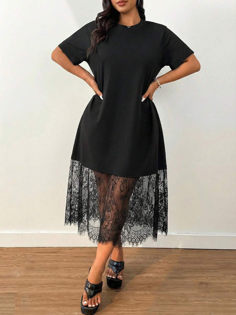 SHEIN EZwear Đầm ngắn tay cổ tròn màu trơn, phối ren, cỡ lớn, thích hợp cho mùa xuân/hè. - màu đen - Xem 1