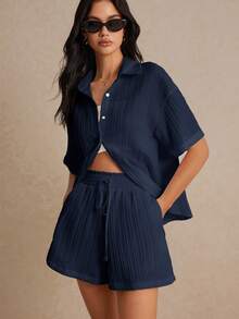 Poéselle Summer Two Pieces Set, Beach Two Pieces Set, Fabric, Striped Fabric, Cuffed Sleeves, Shorts With Side Pockets, Suitable For Vacation, Loose Loose Shirt Set, Wedding Season Navy Blue Short Set Women Short Sleeve Short Set Short And Shirt Set Women Short Sets For Women Vacation Casual Short Set Two Pieces Short Set Women's Short Sets Matching Short Sets - Navy Blue - View 5