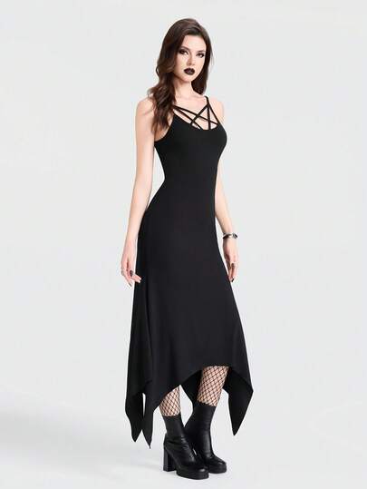 Breakform Women's Gothic Sexy Hollow Out Pentagram Adjustable Strap Asymmetrical Hem Fitted Dress