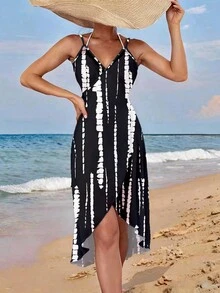 Swim Vcay 女士夏季沙滩网纱条纹印花可调节肩带连体裹身度假连衣裙 - 黑色 - 查看 4