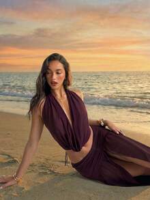 Aloruh 女士春夏新款两件套，雪纺罩衫搭配纯紫红色优雅性感复古垂褶露背罩衫和低腰褶裥开衩长裙，女士沙滩/度假装 - 紫紅色 - 查看 9