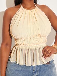 SHEIN SXY Áo croptop hở lưng gợi cảm màu trắng ngà dành cho nữ, chất liệu vải lưới, xếp ly, thời trang, thanh lịch, quyến rũ, thích hợp cho ngày Valentine, dự đám cưới, phong cách vintage, dự tiệc, đi chơi. - Màu be - Xem 8